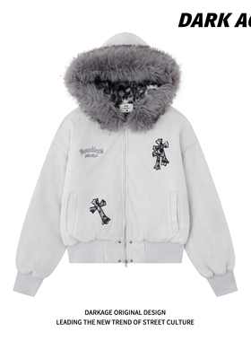 DARKAGE美式麂皮绒豹纹十字架毛领外套女宽松韩系慵懒风短款棉服