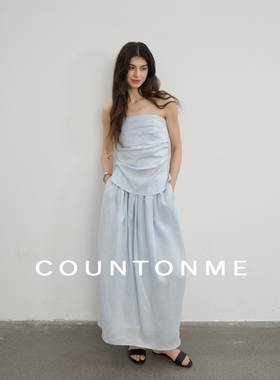 COUNTONME 法式浪漫全亚麻褶皱设计抹胸上衣女/花苞裙半身裙套装