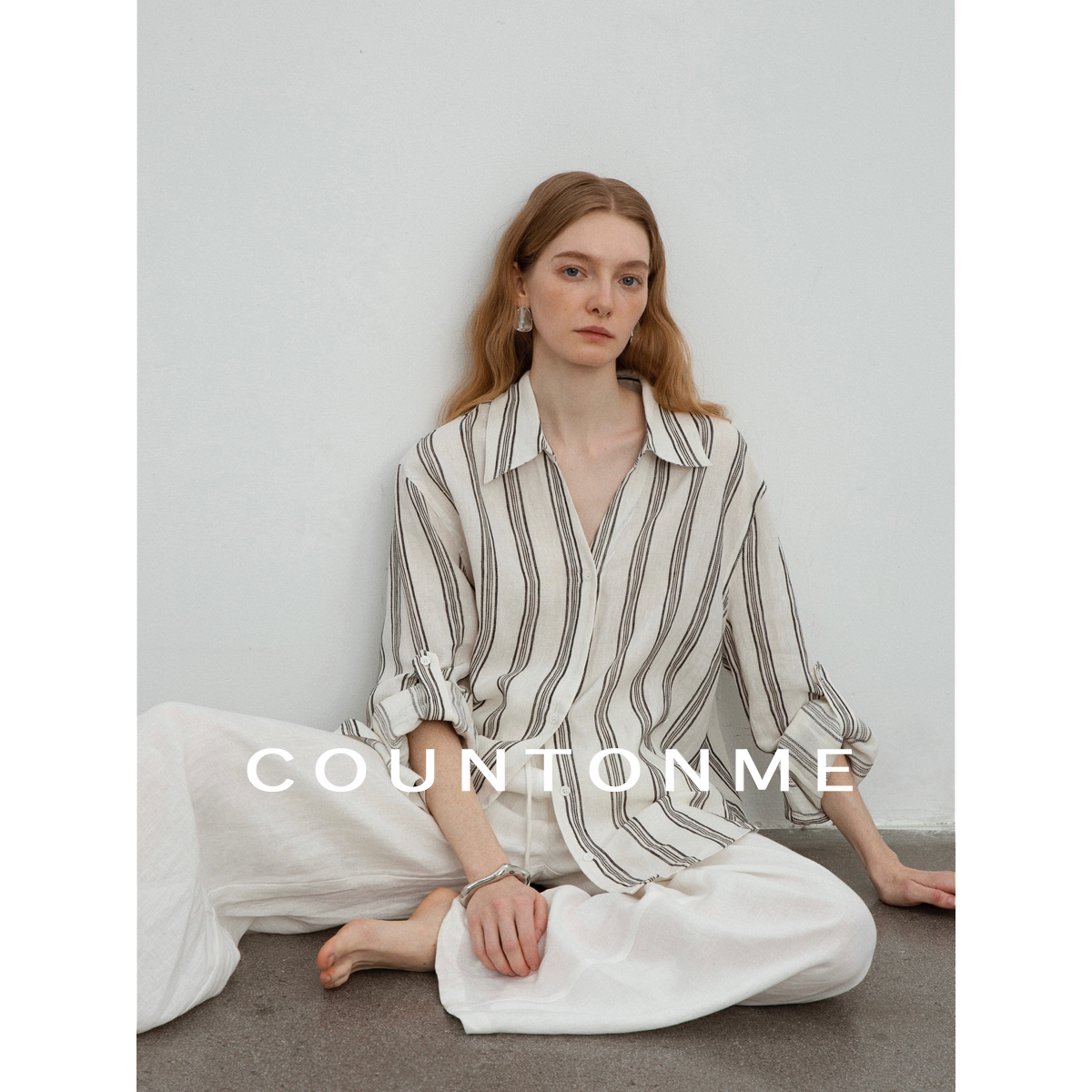 COUNTONME 慵懒度假风/ 松弛舒适条纹V领亚麻衬衫休闲百搭衬衣