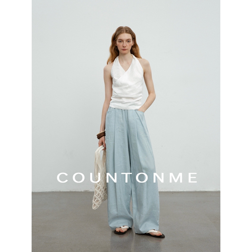 COUNTONME 松弛舒适/慵懒亚麻弯刀裤 百搭显瘦松紧腰休闲长裤