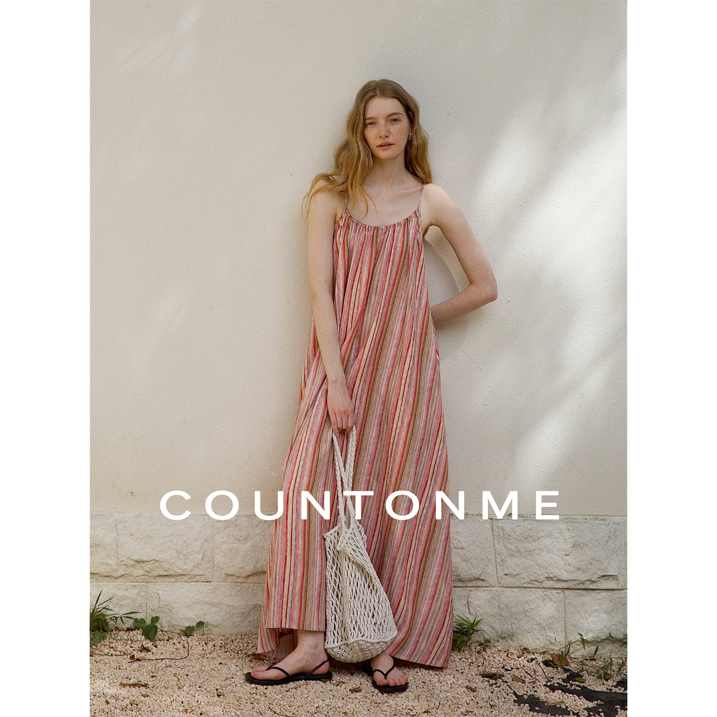 COUNTONME 彩色条纹吊打度假风连衣裙