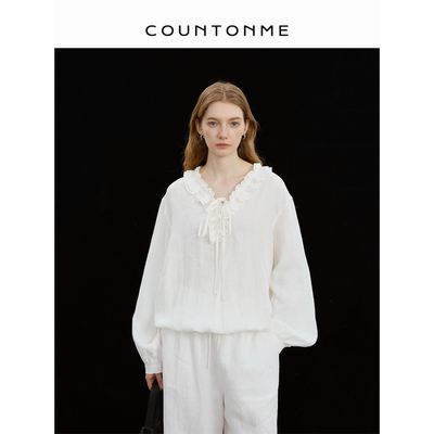 COUNTONME 浪漫进阶/100%亚麻手工木耳边V领系带慵懒舒适宽松衬衫