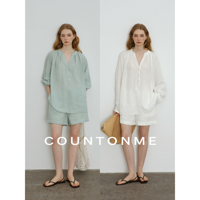 COUNTONME 100天然亚麻V领套头长袖衬衫短裤套装