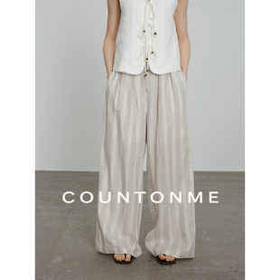 COUNTONME 慵懒度假风/夏季100%亚麻色织条纹半松紧休闲阔腿长裤