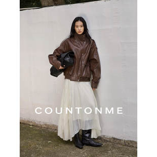 COUNTONME 2025时髦复古环保双层领PU皮衣夹克女宽松廓形外套