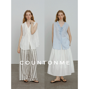 衬衫 坎肩无袖 100天然亚麻手工木耳边V领绑带短袖 COUNTONME