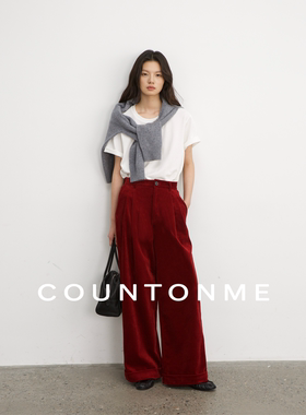 COUNTONME 复古时髦/法式浪漫勃艮第红灯芯绒宽松休闲阔腿裤女