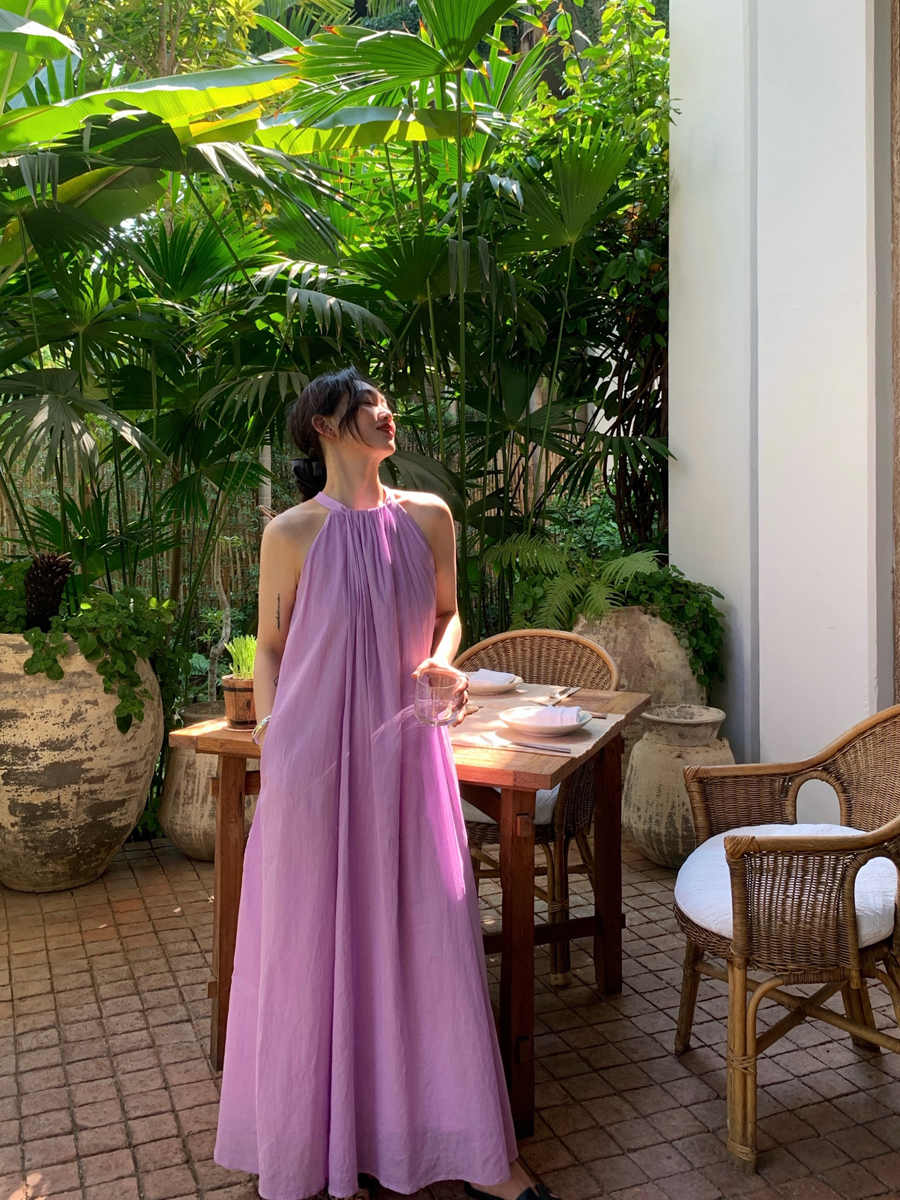 COUNTONME 优雅紫色苎麻挂脖连衣裙