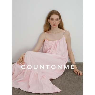 COUNTONME 慵懒假日/浪漫度假风亚麻露背可调节肩带花苞连衣裙