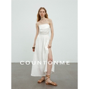COUNTONME 全亚麻度假风褶皱抹胸连衣裙显瘦开衩长裙 法式 浪漫