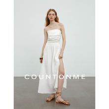COUNTONME 法式浪漫/全亚麻度假风褶皱抹胸连衣裙显瘦开衩长裙