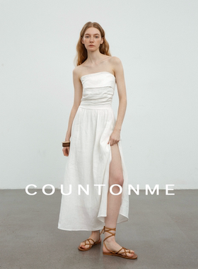 COUNTONME 法式浪漫/全亚麻度假风褶皱抹胸连衣裙显瘦开衩长裙
