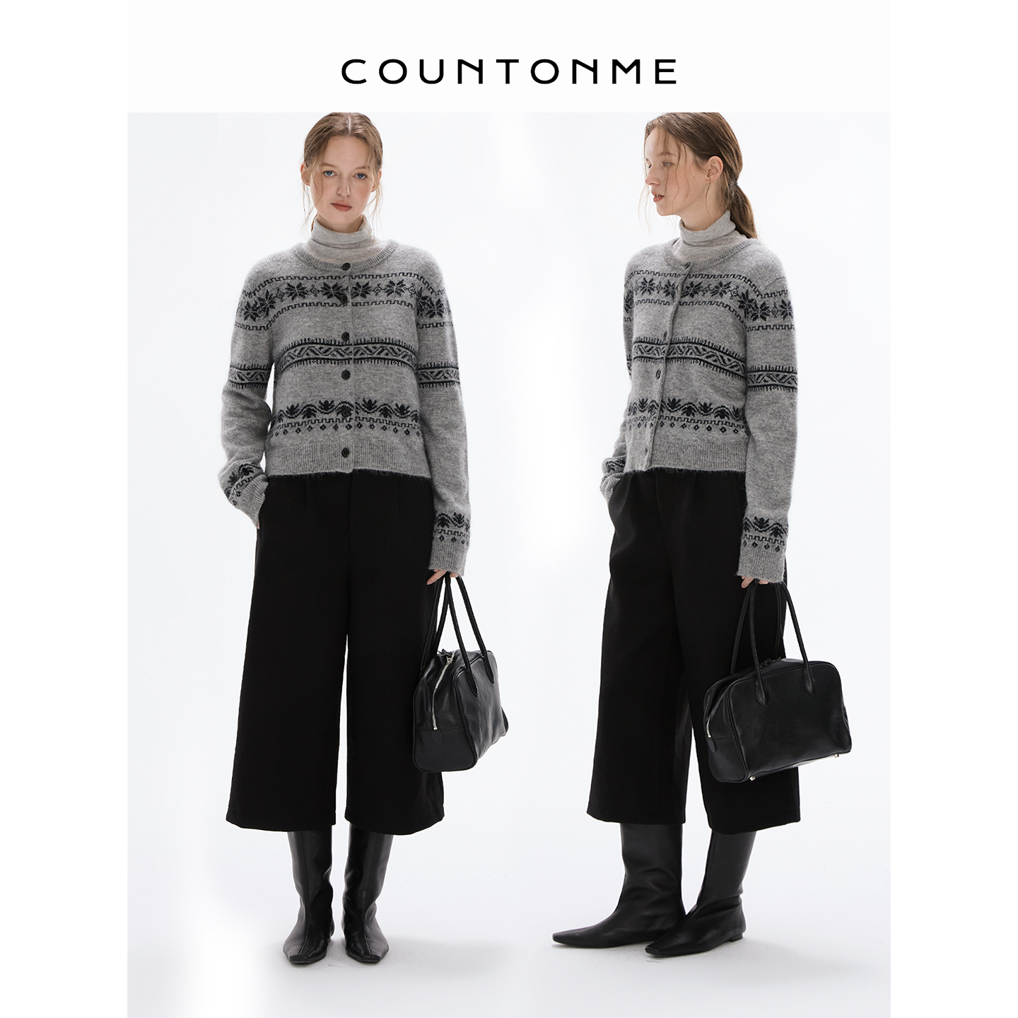 COUNTONME 羊驼毛绵羊毛混纺费尔岛提花复古慵懒圆领针织毛衣开衫