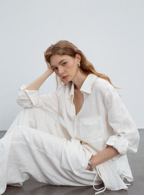 COUNTONME 松弛随性 舒适V领亚麻衬衫 宽松版型简约防晒长袖衬衣