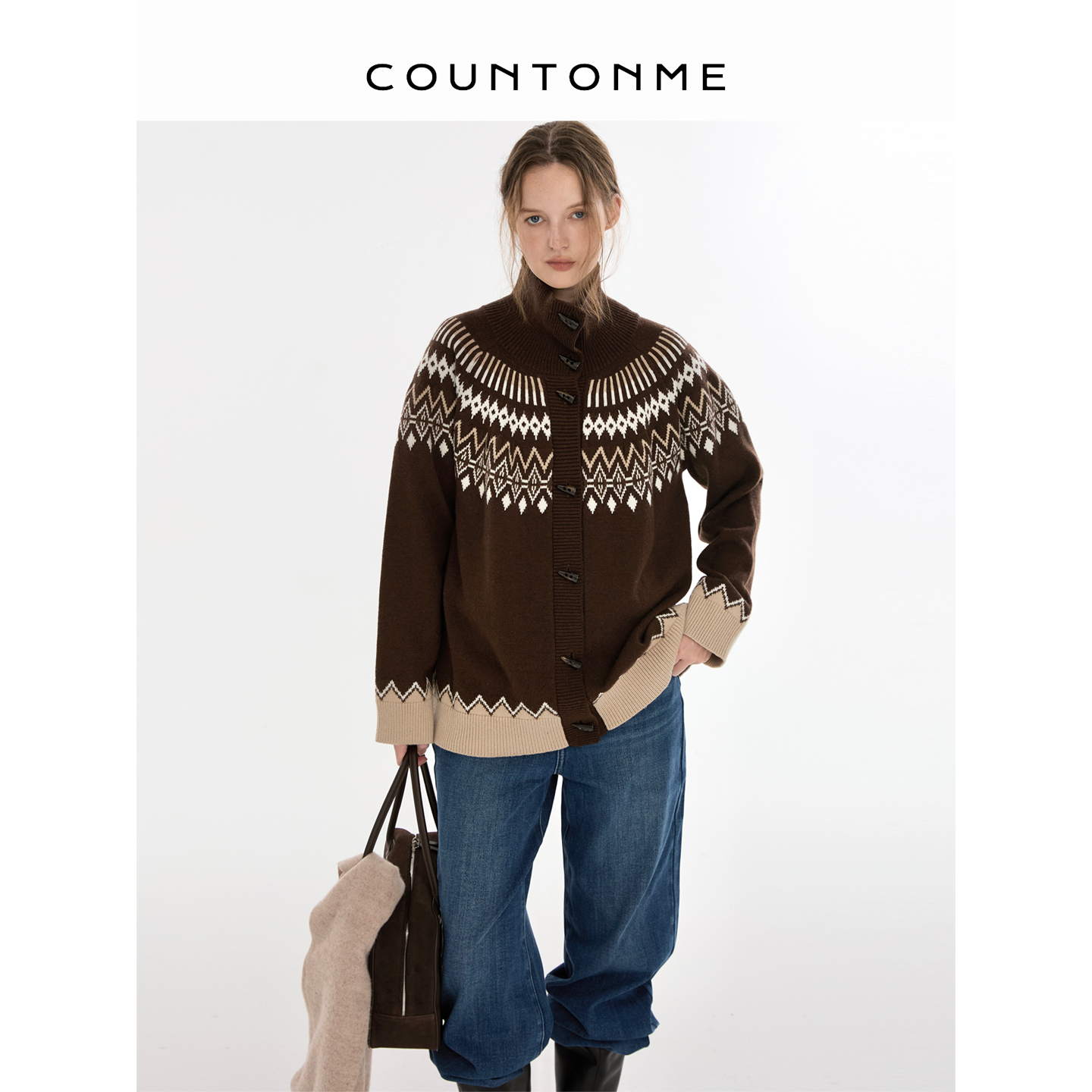 COUNTONME 北欧秘境/复古文艺费尔岛羊毛牛角扣针织提花开衫外套