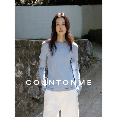 COUNTONME 叠穿B备/莱赛尔羊毛假两件拼接长袖T恤显瘦百搭上衣
