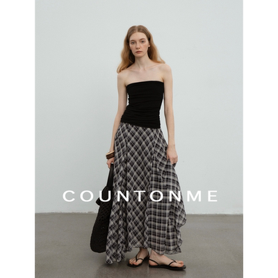 COUNTONME 浪漫随性/ 飘逸不规则下摆复古格纹百搭显瘦半身裙