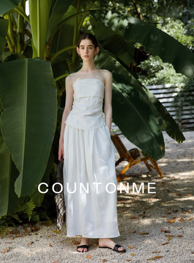 COUNTONME 法式浪漫全亚麻褶皱设计抹胸上衣女花苞裙半身裙套装