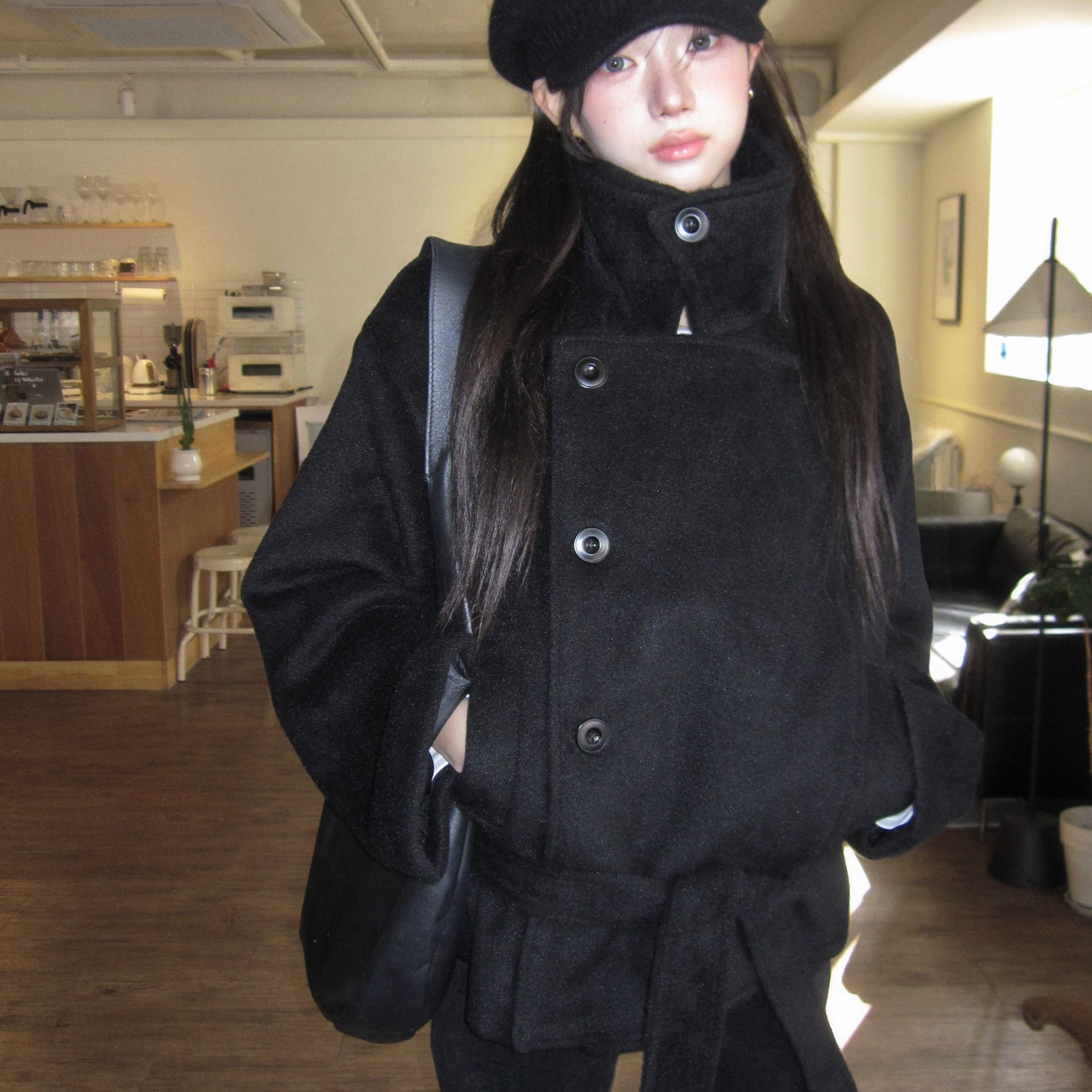 已出货韩国小众独特超好看复古日系翻领夹棉系带黑色毛呢外套大衣