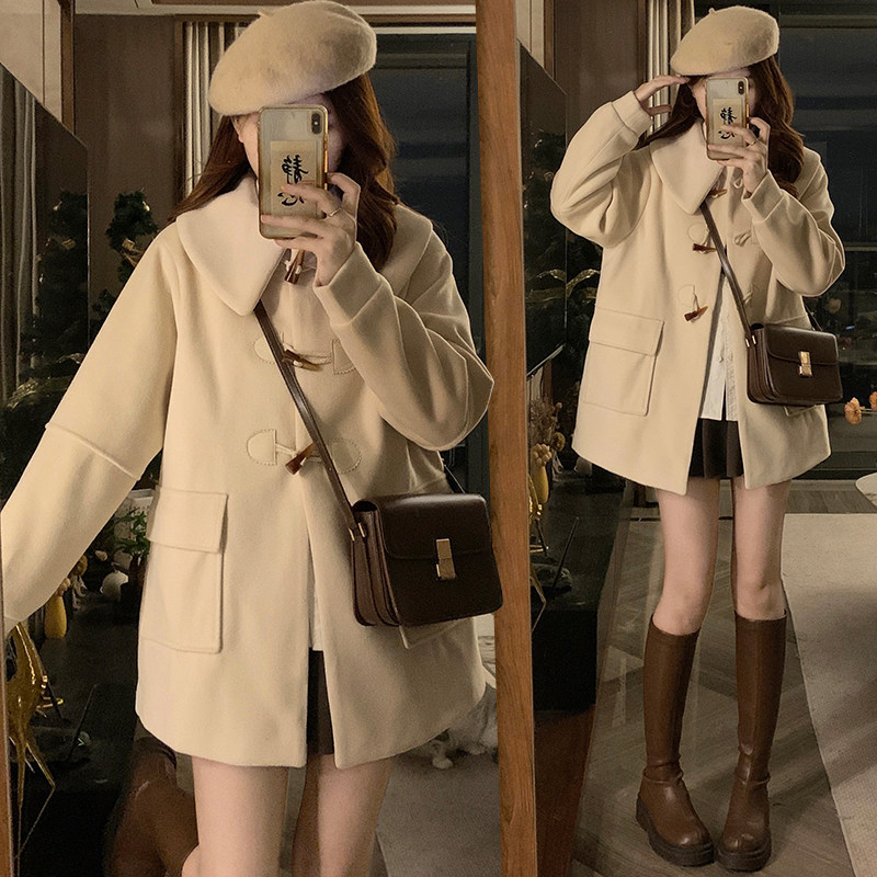 实拍牛角扣小个子新款娃娃领中长款毛呢夹棉加厚外套