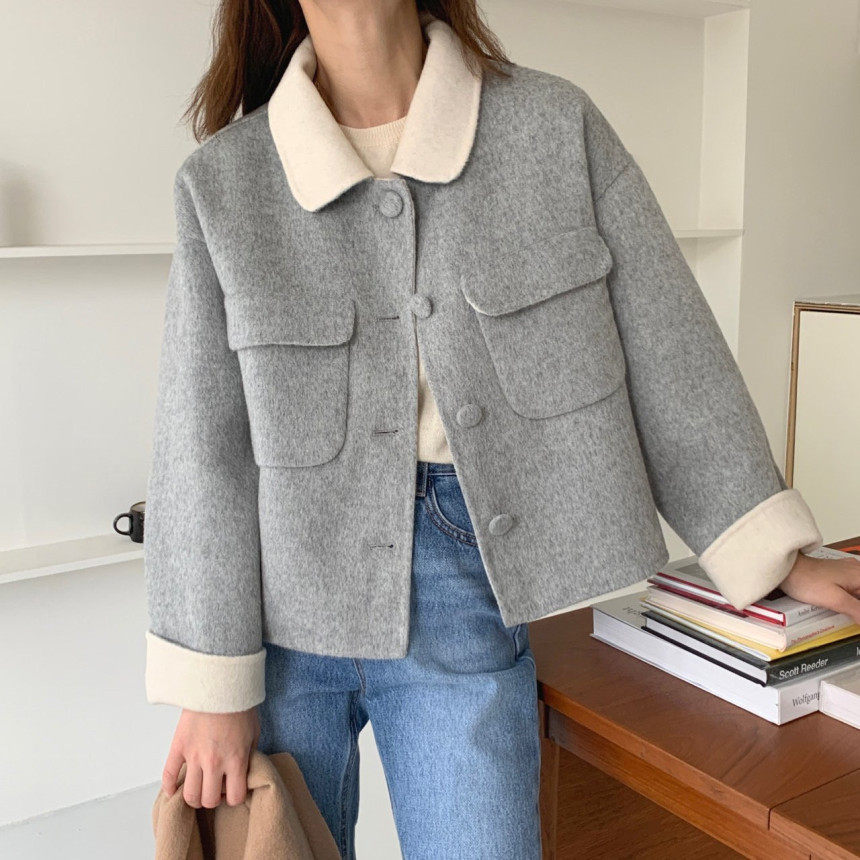 已出货 韩国chic秋冬减龄小清新撞色翻领短款毛呢外套女