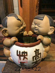 陶瓷工艺品 石湾公仔 快高长大 花瓶 童趣