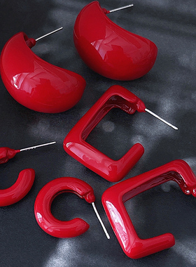 RTZHANG红色耳环女小众设计感个性简约时尚圆圈方形银针耳钉耳饰