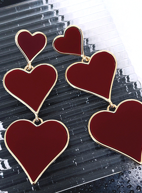 RTZHANG夸张个性设计感三颗爱心耳环女长款气质心形桃心耳坠耳饰