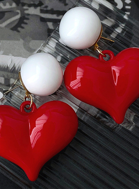 RTZHANG设计感红色立体大爱心耳环耳坠女甜美夸张个性气质耳饰品