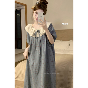 棉纱睡衣裙家居服 纯棉睡裙女夏季 短袖 韩版 波点甜美蕾丝圆领中长款
