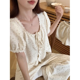 夏季 碎花睡衣女款 家居服套装 韩版 长裤 可爱蕾丝边短袖 2025新款 短裤