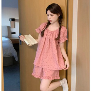 新款 少女甜美小碎花圆领短袖 睡衣女夏季 纯棉麻韩版 短裤 家居服套装