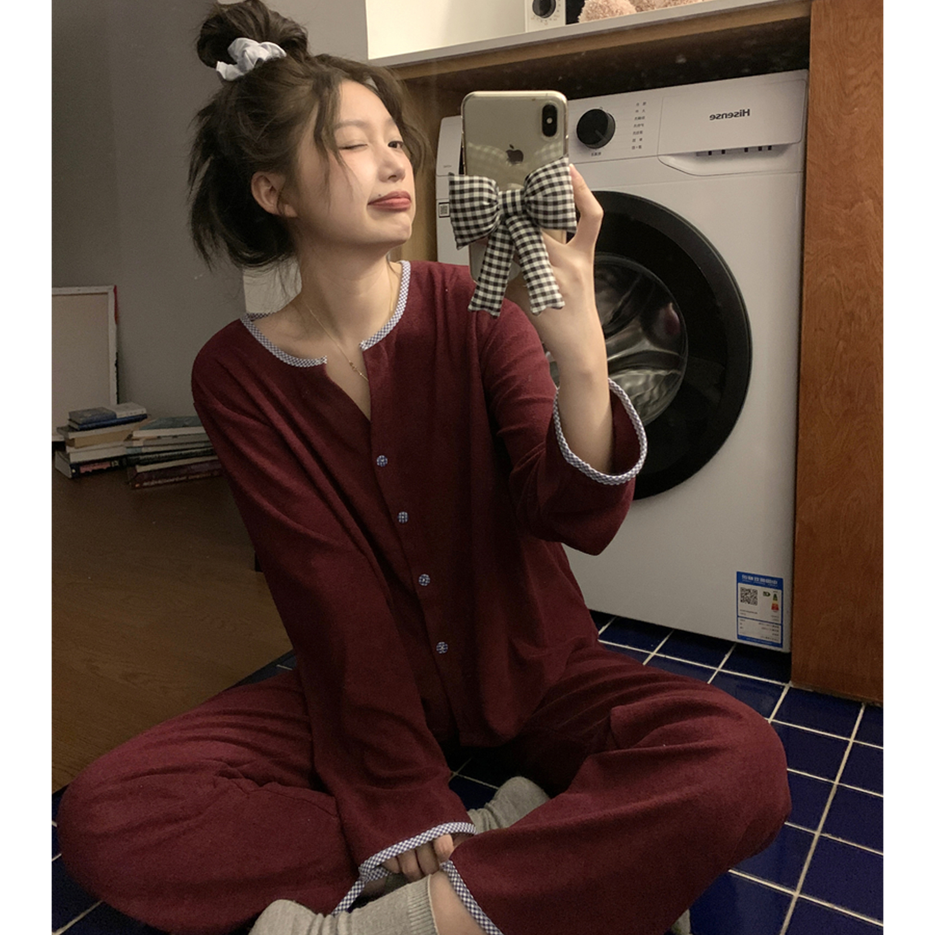 复古新年红色睡衣女款秋冬季长袖甜美格子本命年加厚家居服套装