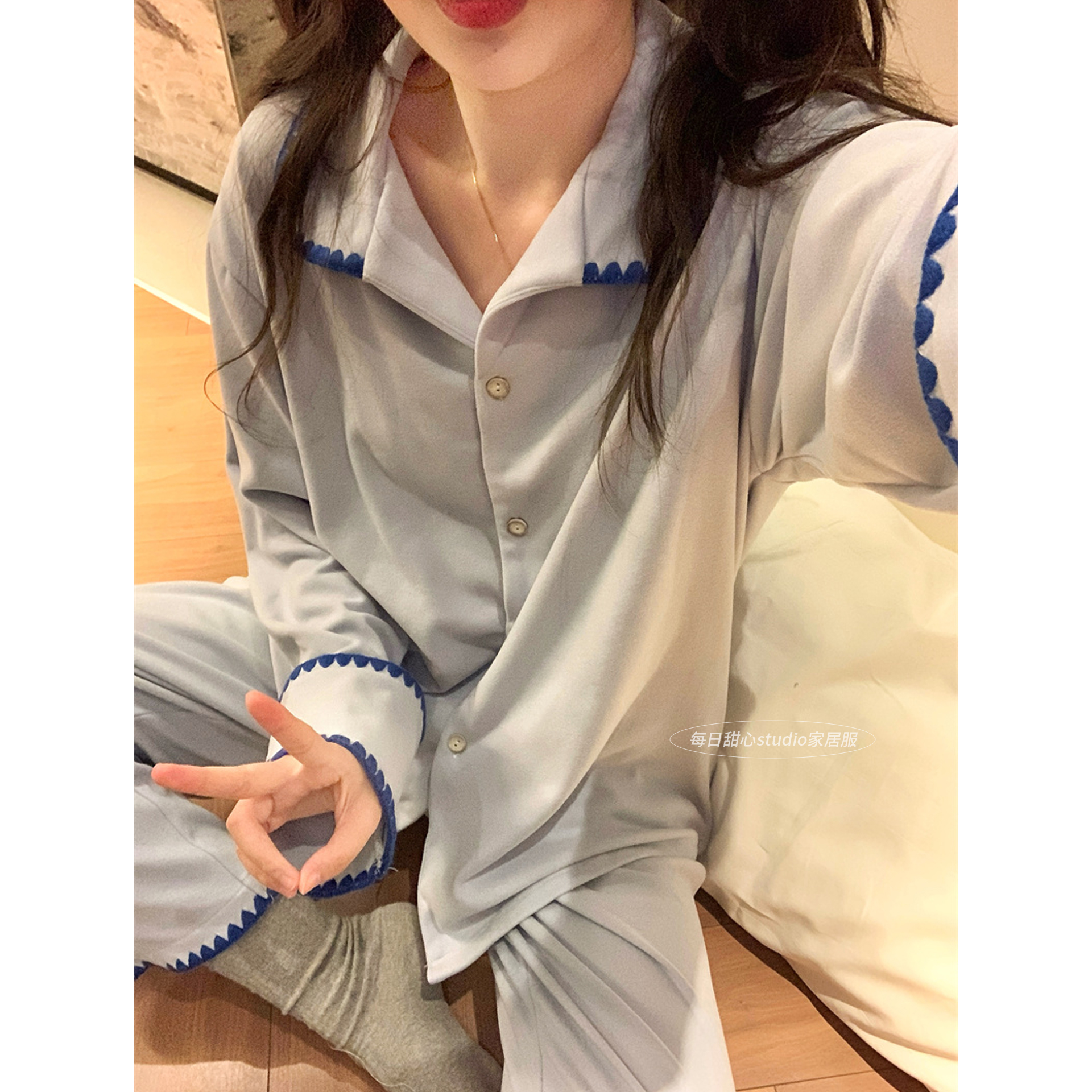 韩版刺绣德绒加厚睡衣女款秋冬季长袖甜美休闲纯棉保暖家居服套装