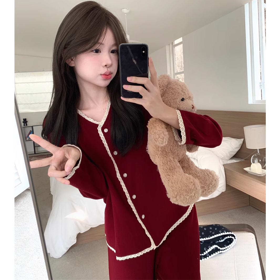 现货全棉新年红睡衣女秋冬季保暖