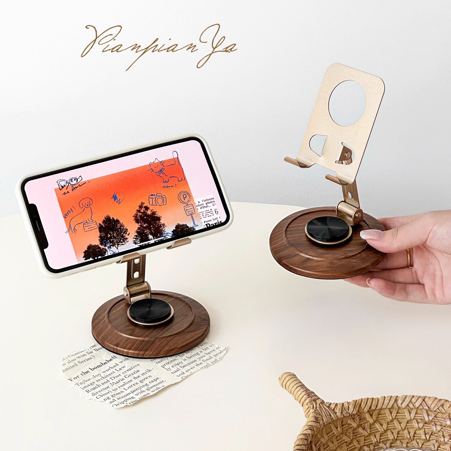复古高级感可旋转手机支架胡桃木纹桌面手机追剧支架金属直播架