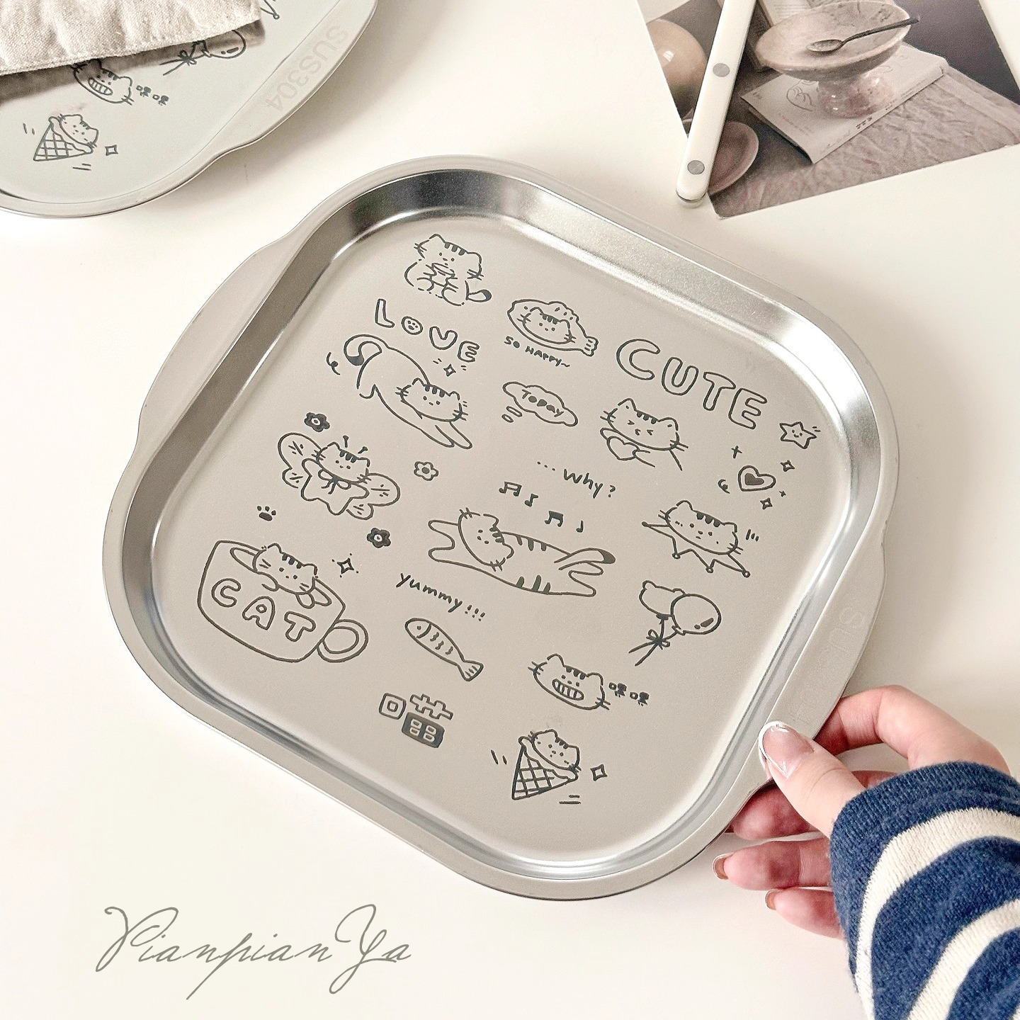 可爱卡通猫咪304不锈钢方盘双耳菜盘多功能盘儿童早餐盘烤肉盘