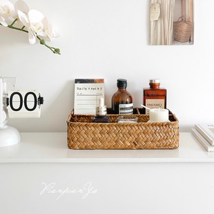 日式草编收纳筐办公桌面四格杂物收纳筐茶包零食胶囊咖啡茶几收纳