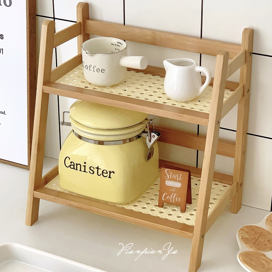 中古风藤编置物架桌面奶油色双层整理架办公厨房杯架杂物收纳架