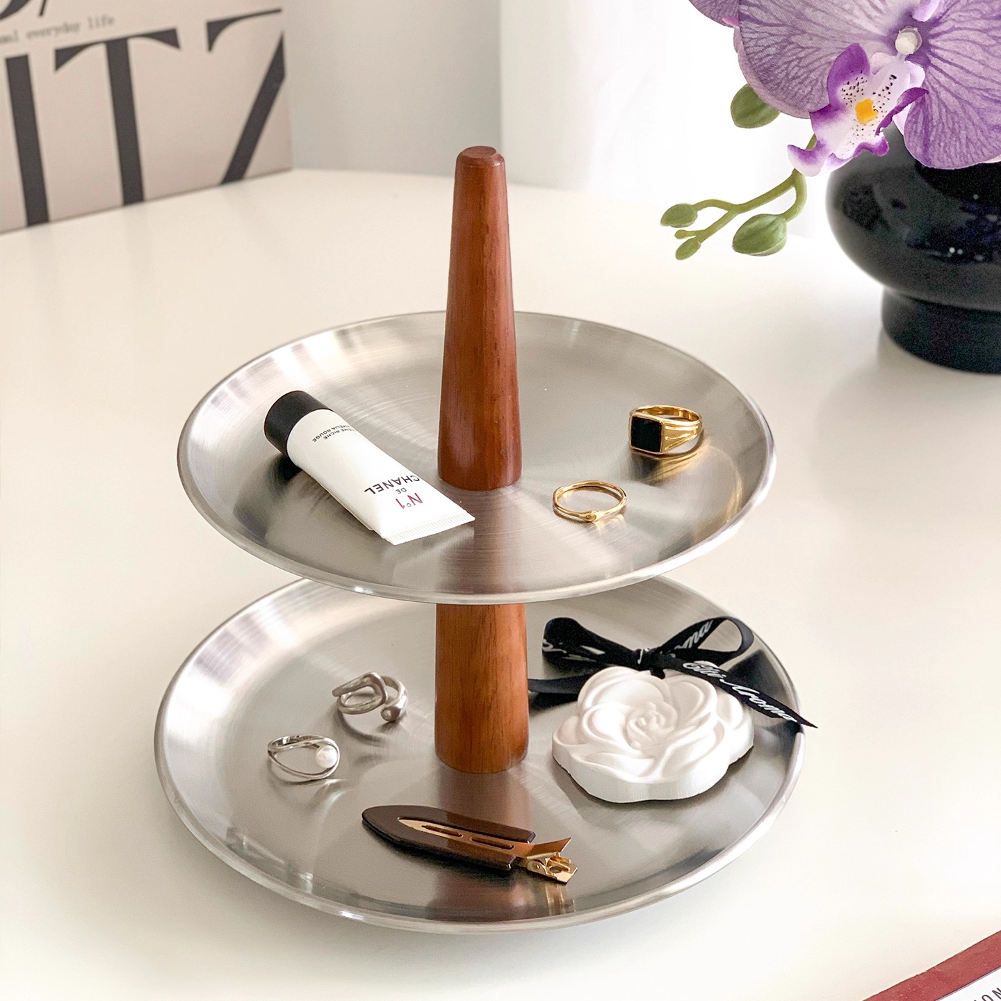 ins复古不锈钢多层收纳架玄关钥匙杂物托盘桌面化妆品首饰置物架