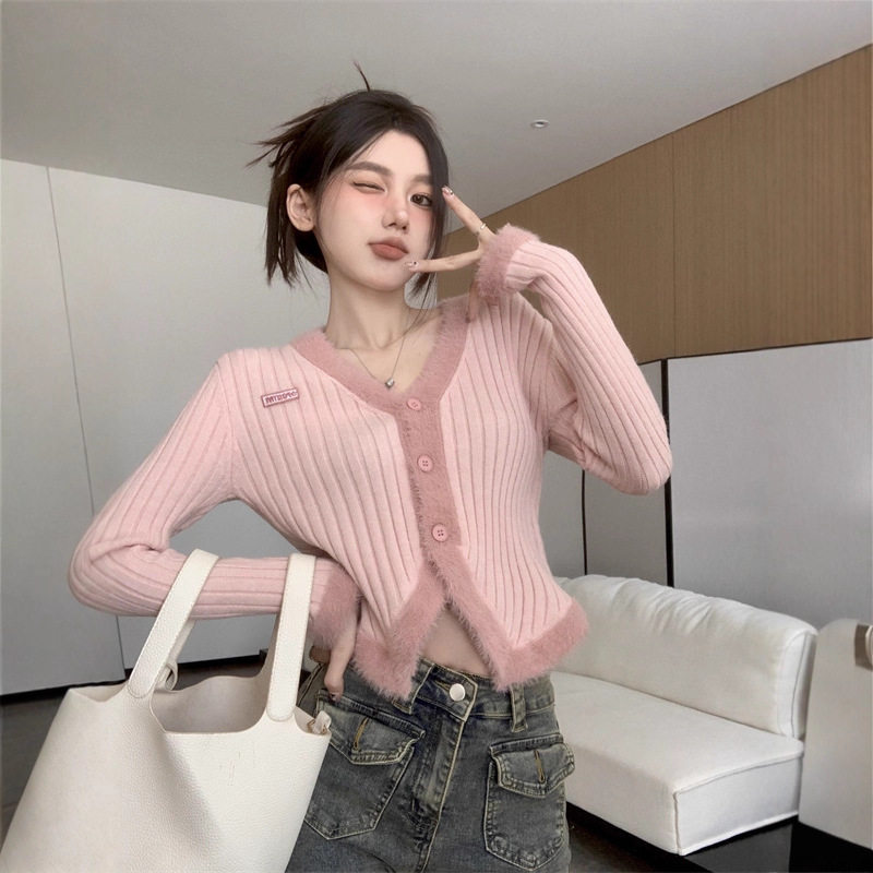 不规则毛毛拼接V领毛衣开衫女春