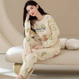 秋冬季纯棉加厚睡衣女青年全棉卡通套头宽松甜美可外穿家居服套装