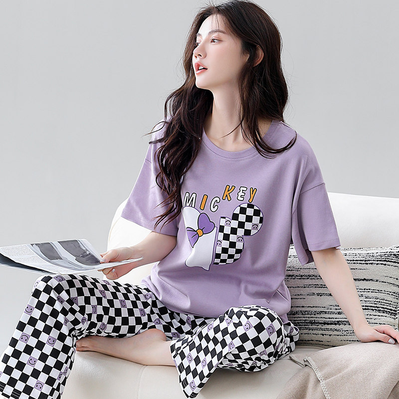 夏天新款纯棉卡通公仔长裤短袖女生休闲甜美韩版可外穿家居服睡衣