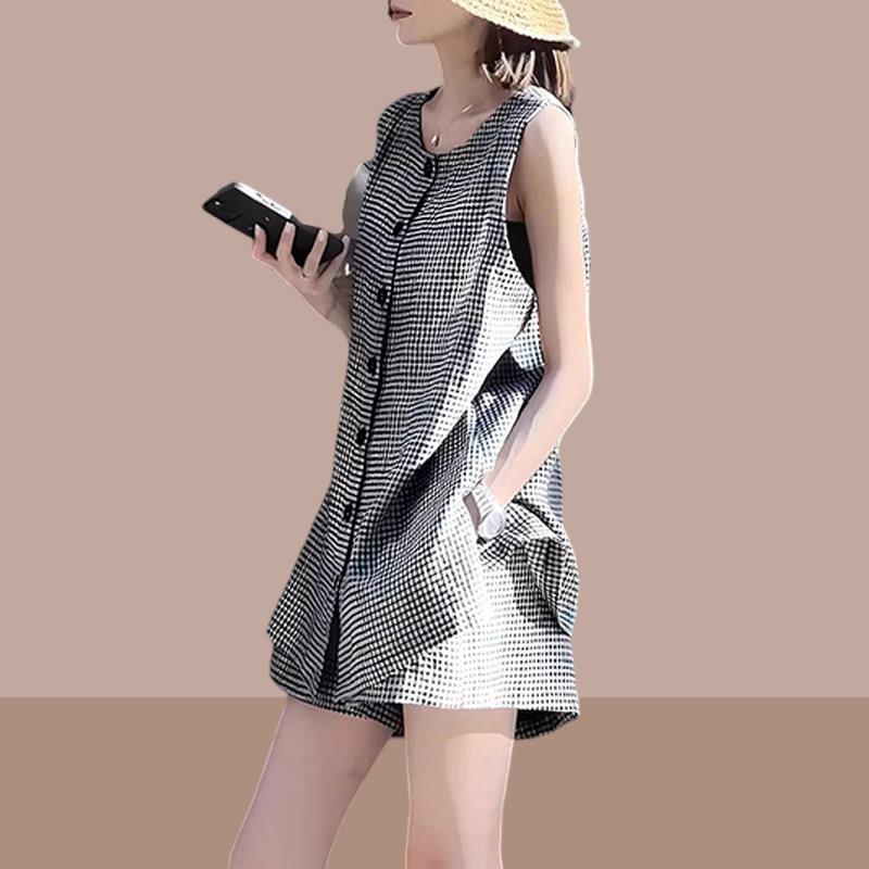 夏装搭配一整套女夏时尚高级感气质黑白格子马甲背心短裤两件式套
