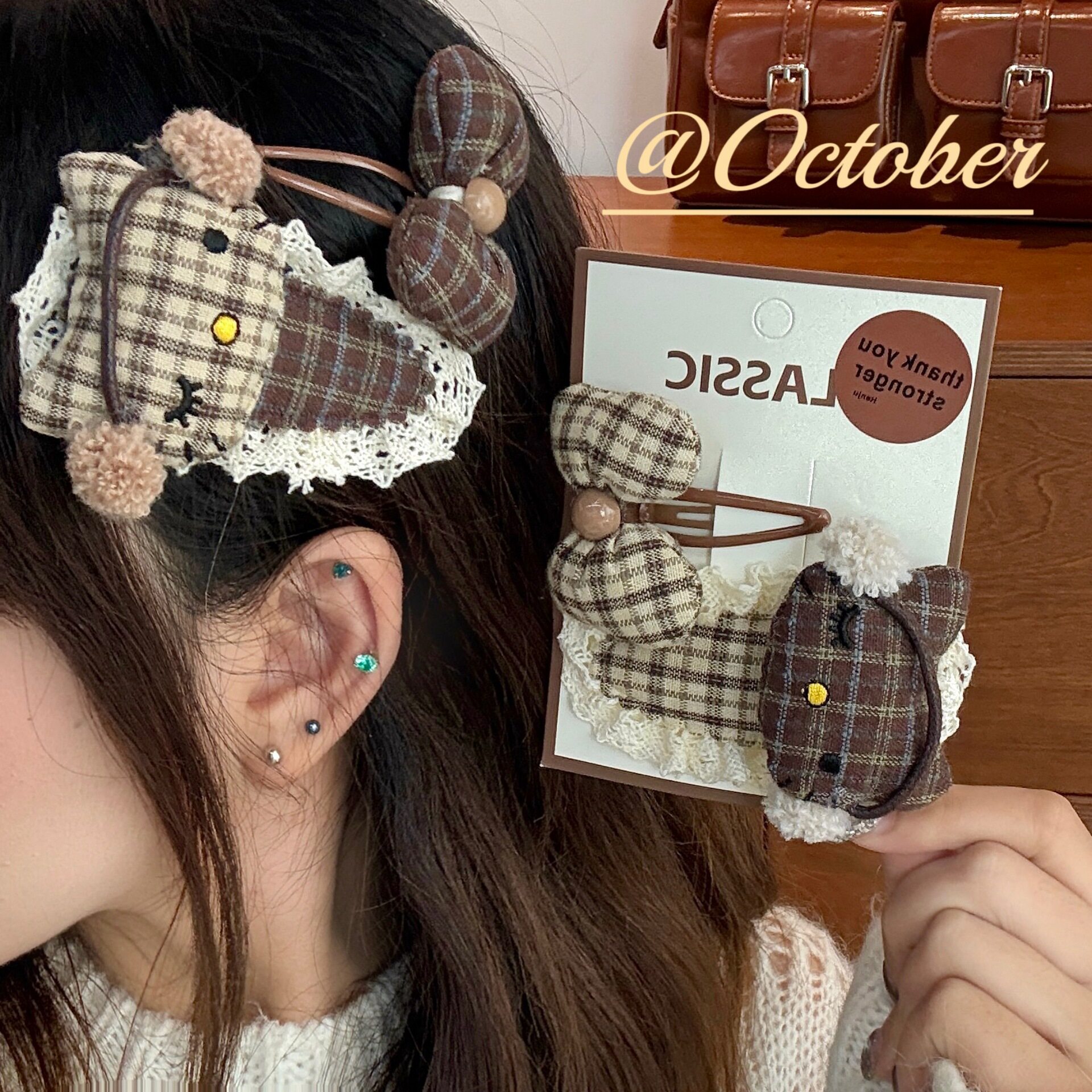 美拉德色系格纹小猫蝴蝶结发夹发饰可爱bb夹少女百搭刘海夹碎发夹