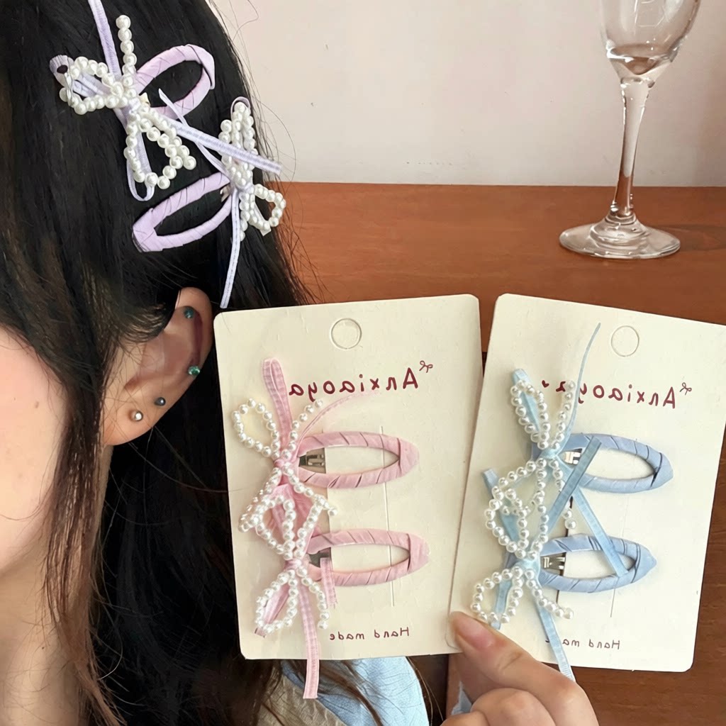 韩系复古千金风丝带蝴蝶结发夹少女心百搭珍珠BB夹可爱碎发刘海夹