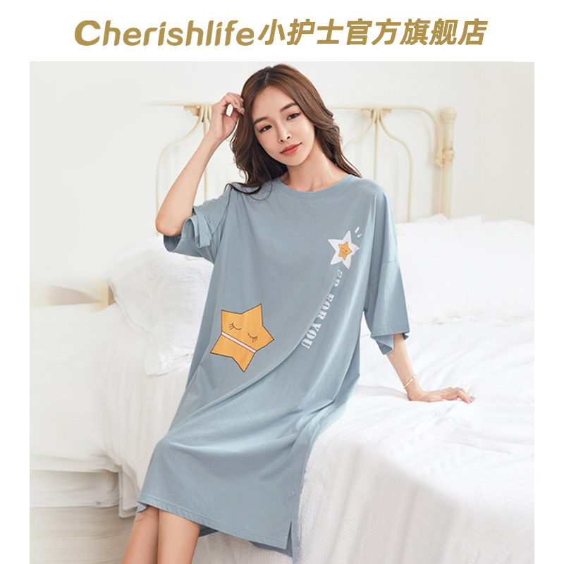 小护士睡裙女士薄款纯棉短袖家居服宽松加肥大码睡衣全棉长裙子夏