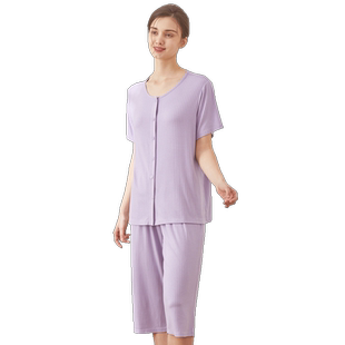 小护士开襟睡衣女夏薄款休闲可外穿大码开衫短袖七分裤家居服套装