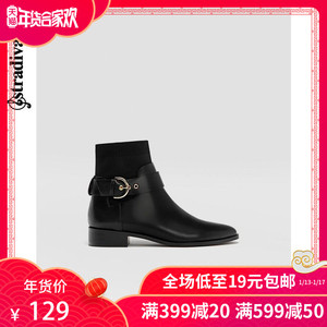 129元 Stradivarius 黑色袜靴平底踝靴方跟短靴女 16920341040