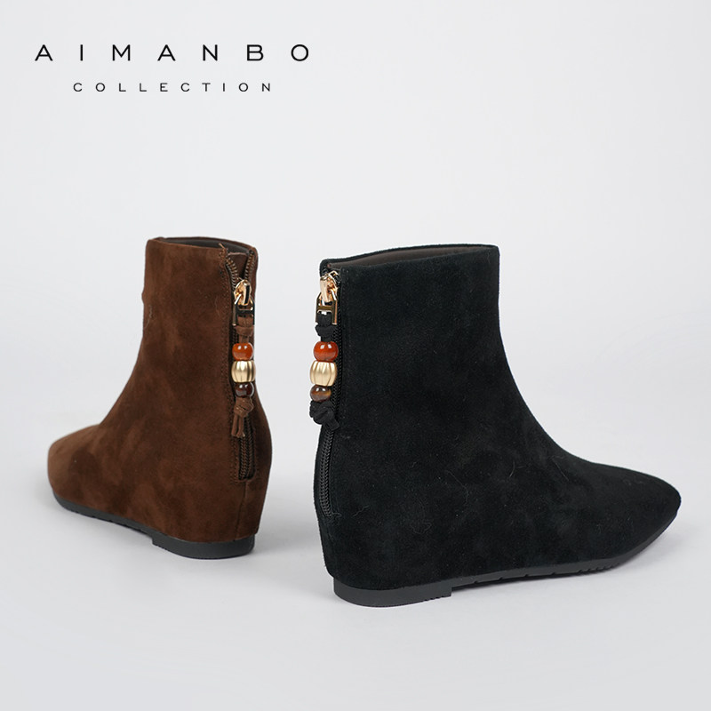 漫步佳人2025冬季新品复古时尚尖头弹力瘦瘦靴女绒面平底内增短靴